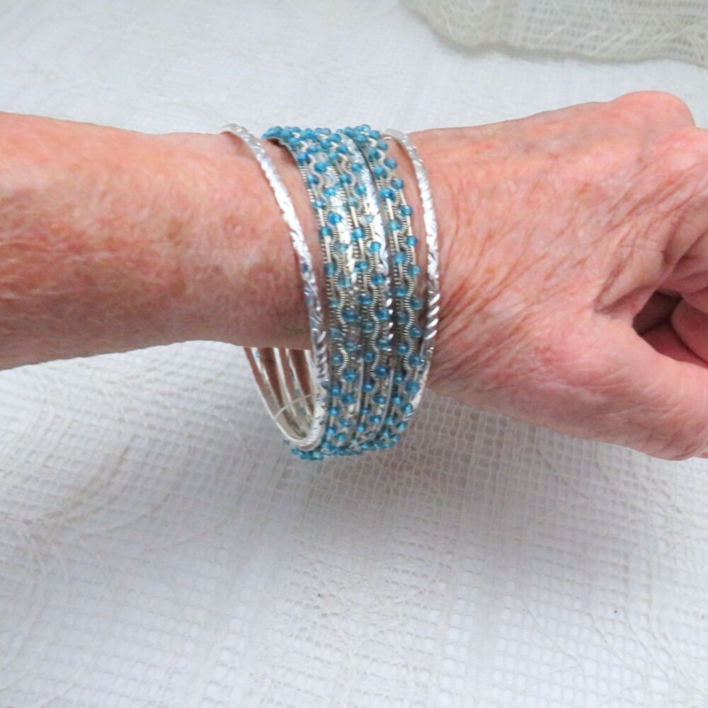 Silver Toned Bangle Bracelets Women Set of 7 Thin Boho Style  Casual Jewelry